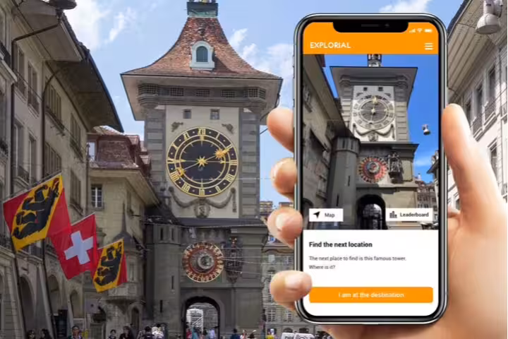 Zytglogge Clock Tower in Bern with smartphone app for self-guided scavenger hunt and city sights tour