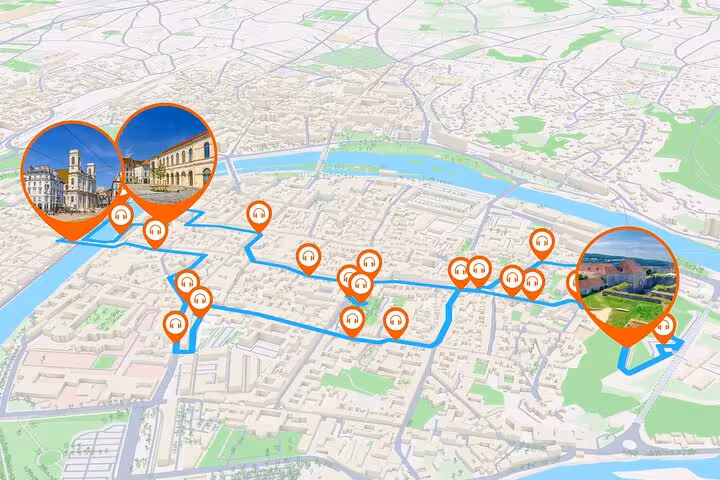 Self-guided audio walking tour map of Besancon with 25 marked stops and route highlighted in blue