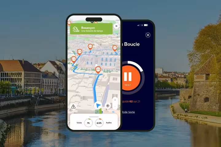 Self-guided audio tour app showing Besançon walking route map with 25 stops on smartphone screens