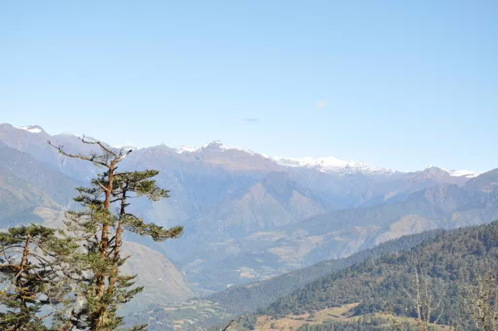 Scenic view of Bhutan's majestic mountains and lush valleys under a clear blue sky, perfect for an 8-day tour adventure.