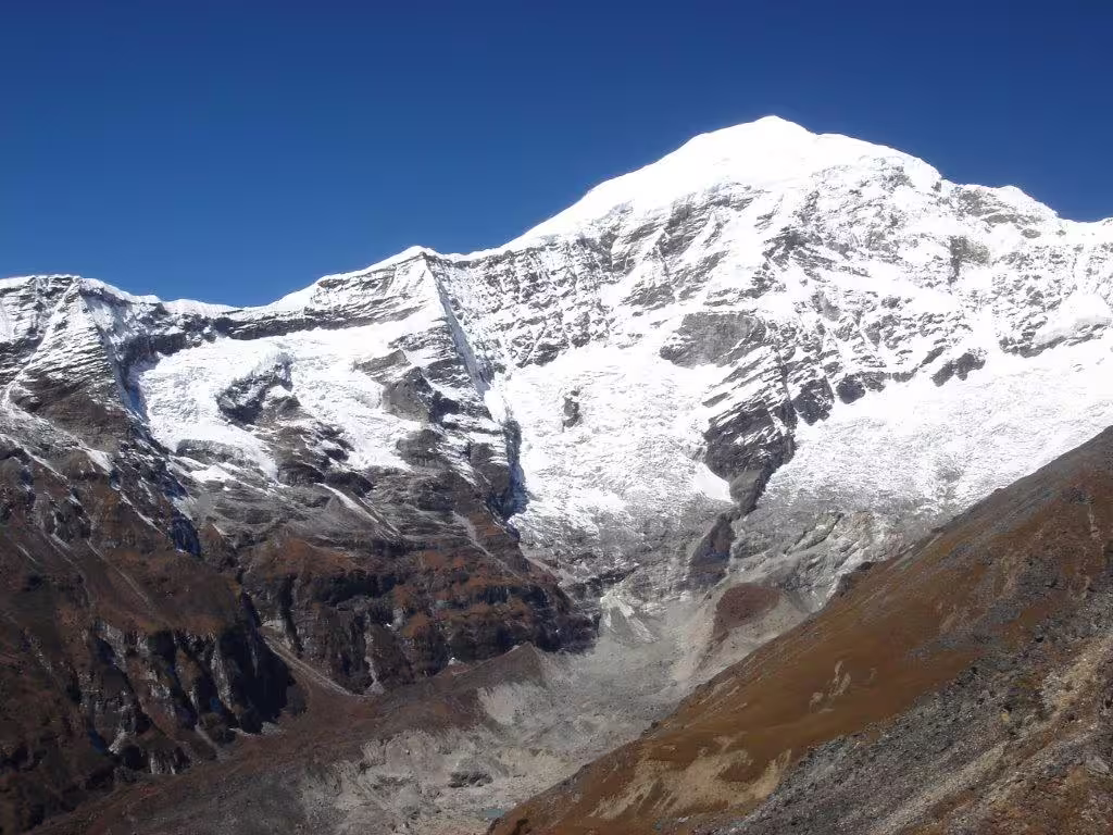 Majestic snow-capped mountain peak in Bhutan under clear blue skies, highlighting the stunning Himalayan landscape on an 8-day tour.