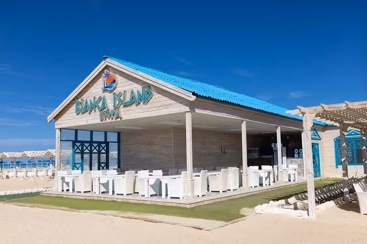 Bianca Island beach restaurant with blue roof, Utopia Bianca Island day trip from Hurghada with lunch and transfer