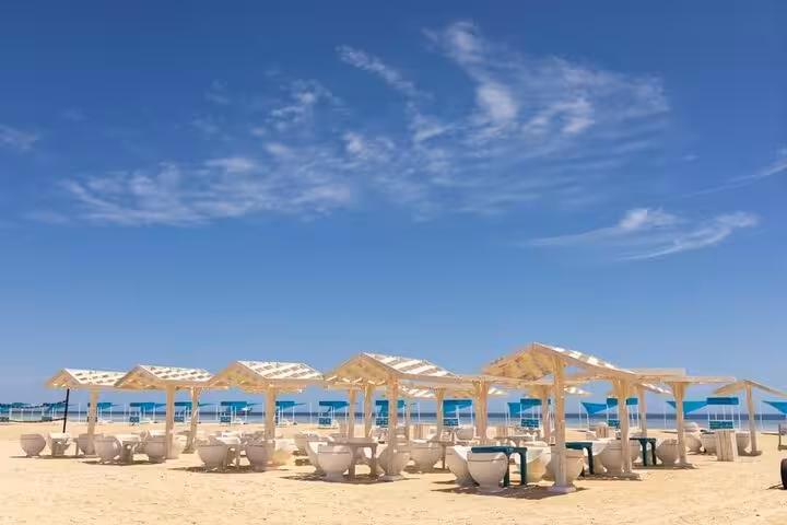 Shaded pergolas and loungers on Bianca Island Utopia, Hurghada boat trip with transfer, lunch and snorkeling