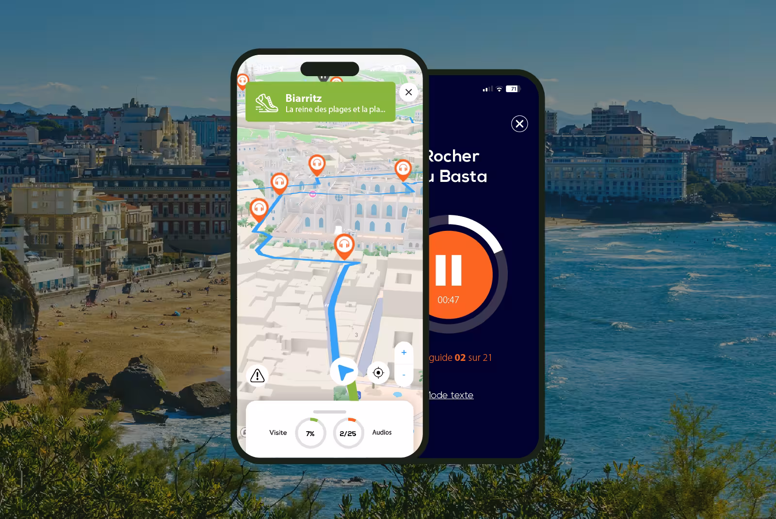 Biarritz audioguide mobile application interface on smartphone with the wild coast in the background.