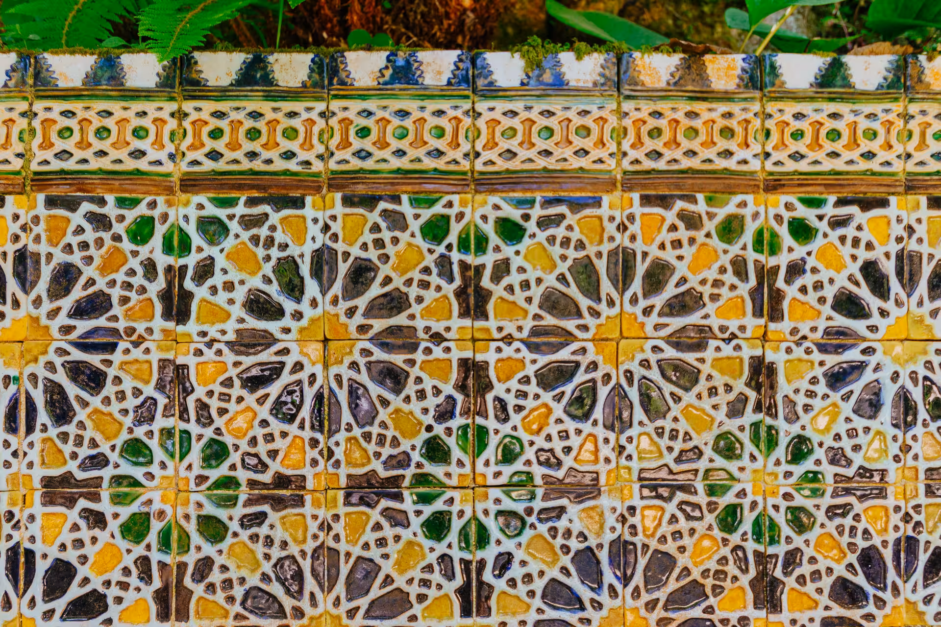 Intricate colorful Portuguese azulejo tiles at Biester Palace gardens in Sintra UNESCO heritage site