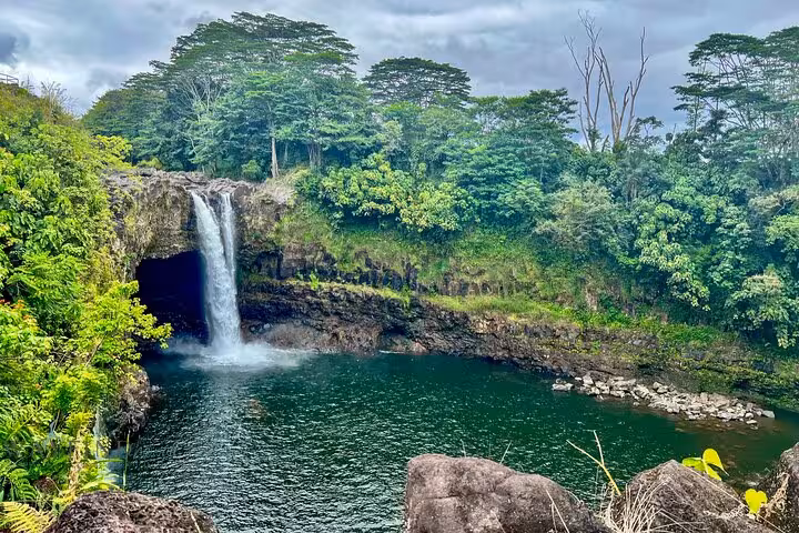Scenic waterfall cascades into a lush green pool surrounded by dense tropical foliage on the Big Island.
