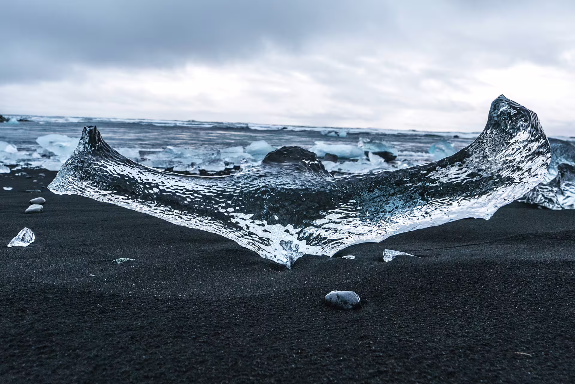 Translucent ice chunk on black volcanic sand beach at Jokulsarlon Diamond Beach, Iceland