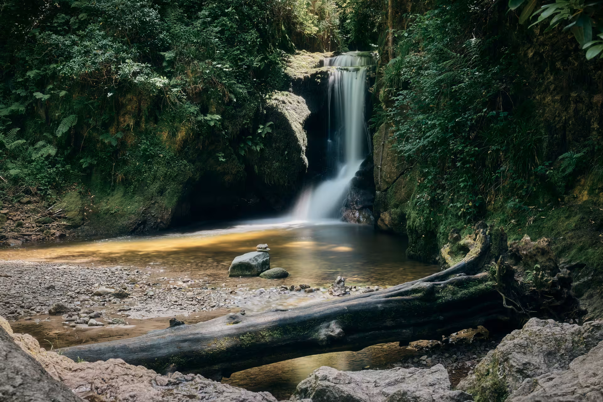 Serene waterfall cascading into a golden pool surrounded by lush green forest in the Black Forest, Germany