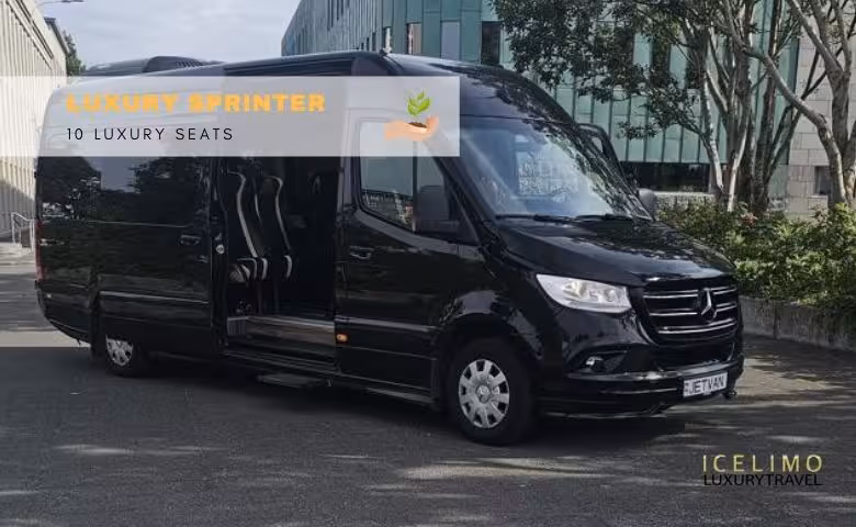 Black Mercedes Sprinter luxury van with 10 seats for private transfers in Reykjavik