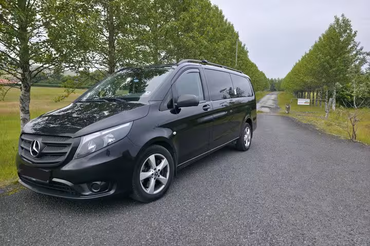 Black Mercedes-Benz Vito minivan parked on a tree-lined road in Iceland for a private south coast tour