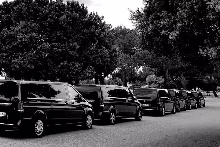 Fleet of black Mercedes vans lined up for private full day tours from Marseille