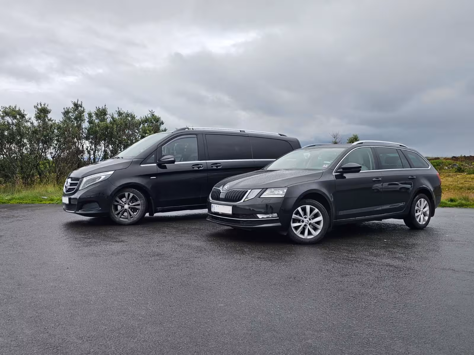 Black Mercedes V-Class minivan and Skoda Octavia estate parked on overcast day in Iceland