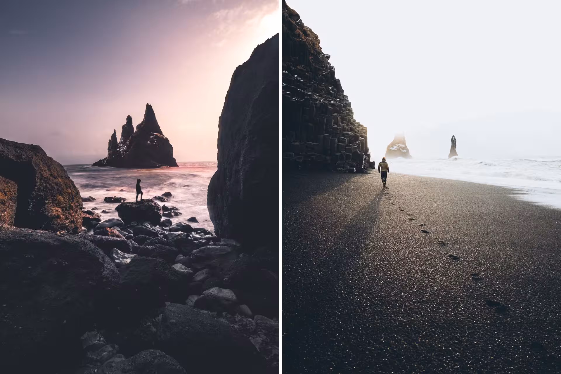Black sand beach with dramatic sea stacks and lone figures on Iceland's south coast