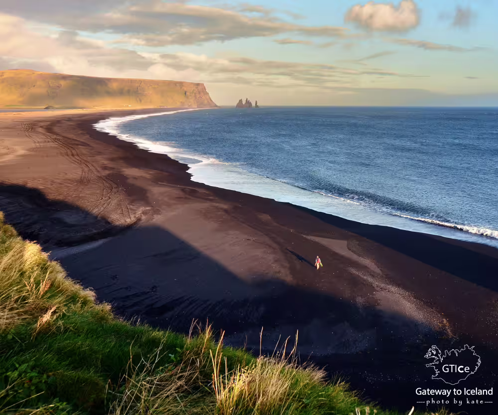 Black sand beach Reynisfjara with volcanic sea stacks and dramatic coastline on Iceland's South Coast