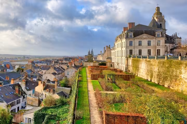 Aerial view of Blois old town with royal castle gardens and historic buildings along the Loire Valley