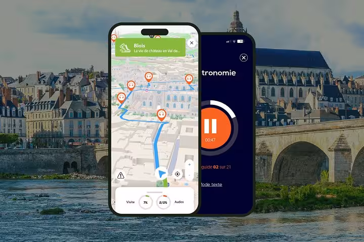 Blois self-guided walking tour app showing audio guide and map route along the Loire River with Royal Castle
