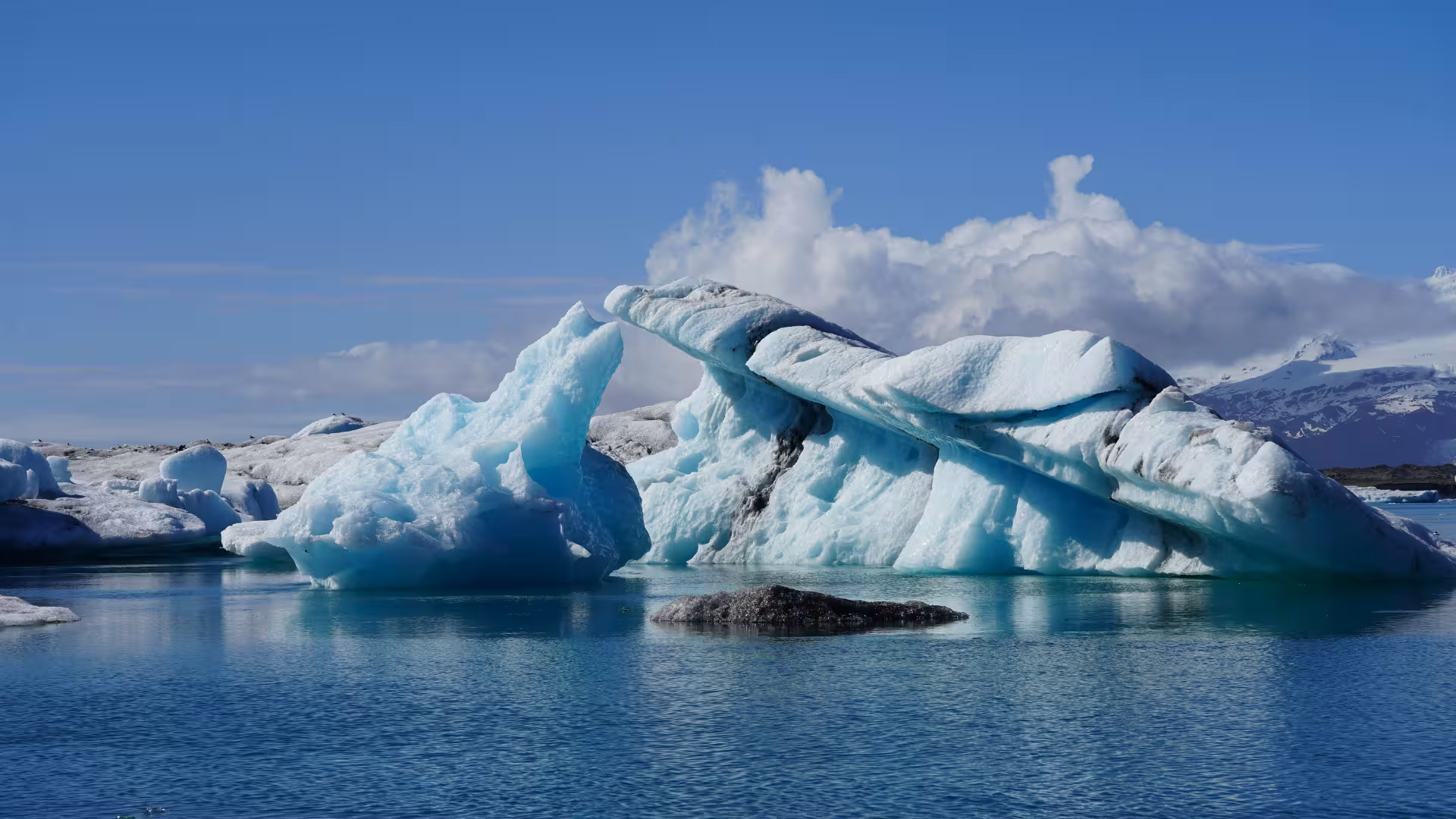 Blue iceberg floating in Jökulsárlón Glacier Lagoon, iconic photo spot on Iceland private rally car adventure tour