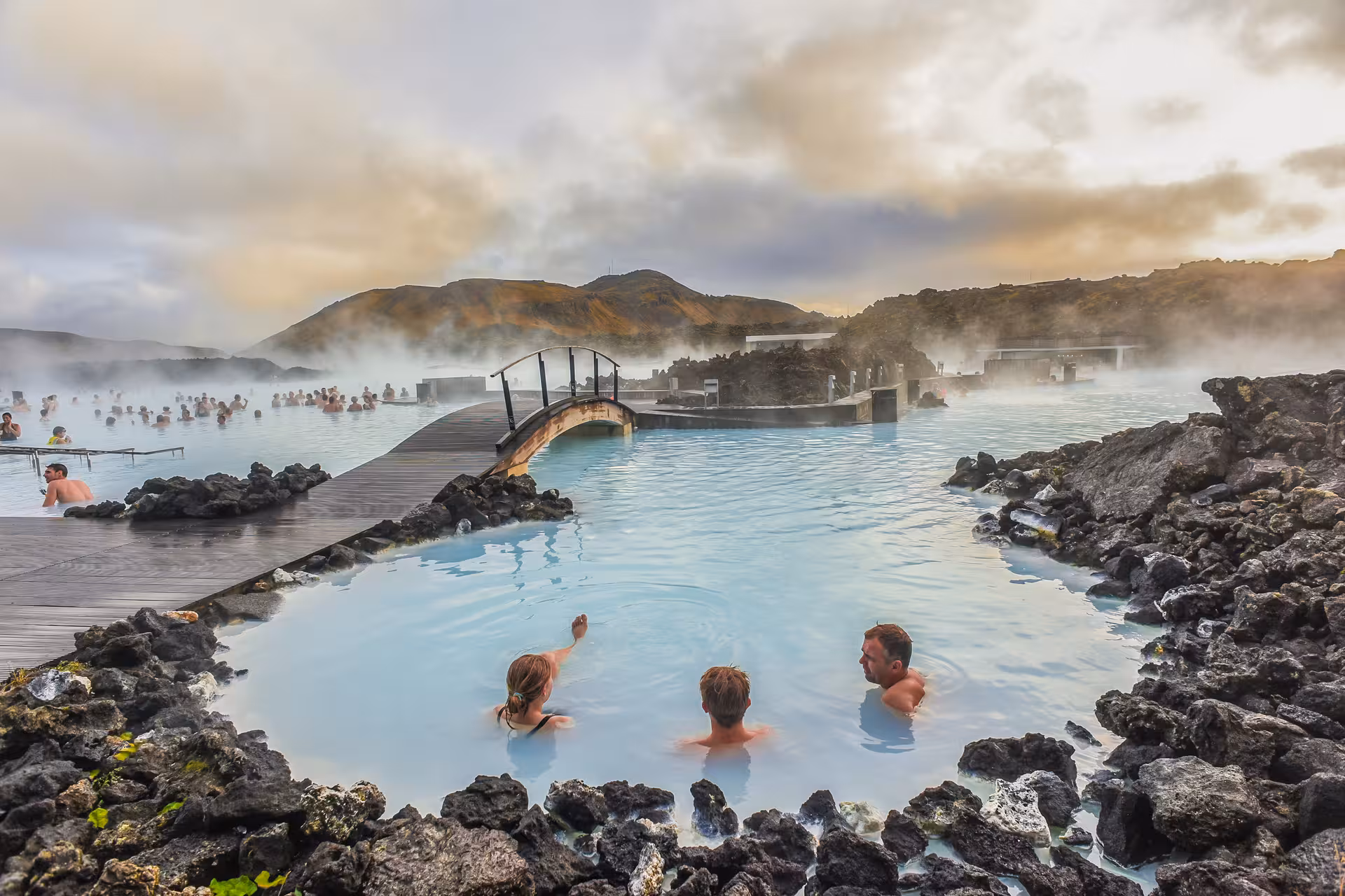 Blue Lagoon geothermal spa near Keflavik with steaming milky-blue waters and volcanic rock surroundings