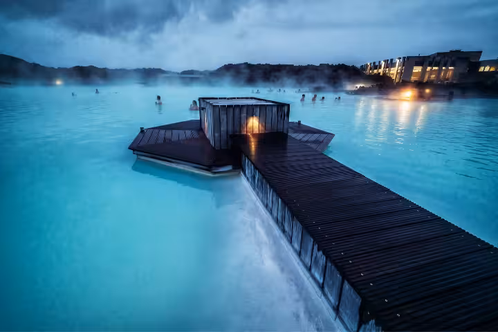 Blue Lagoon Iceland geothermal spa with steaming turquoise water, ideal Blue Lagoon to Keflavik Airport transfer