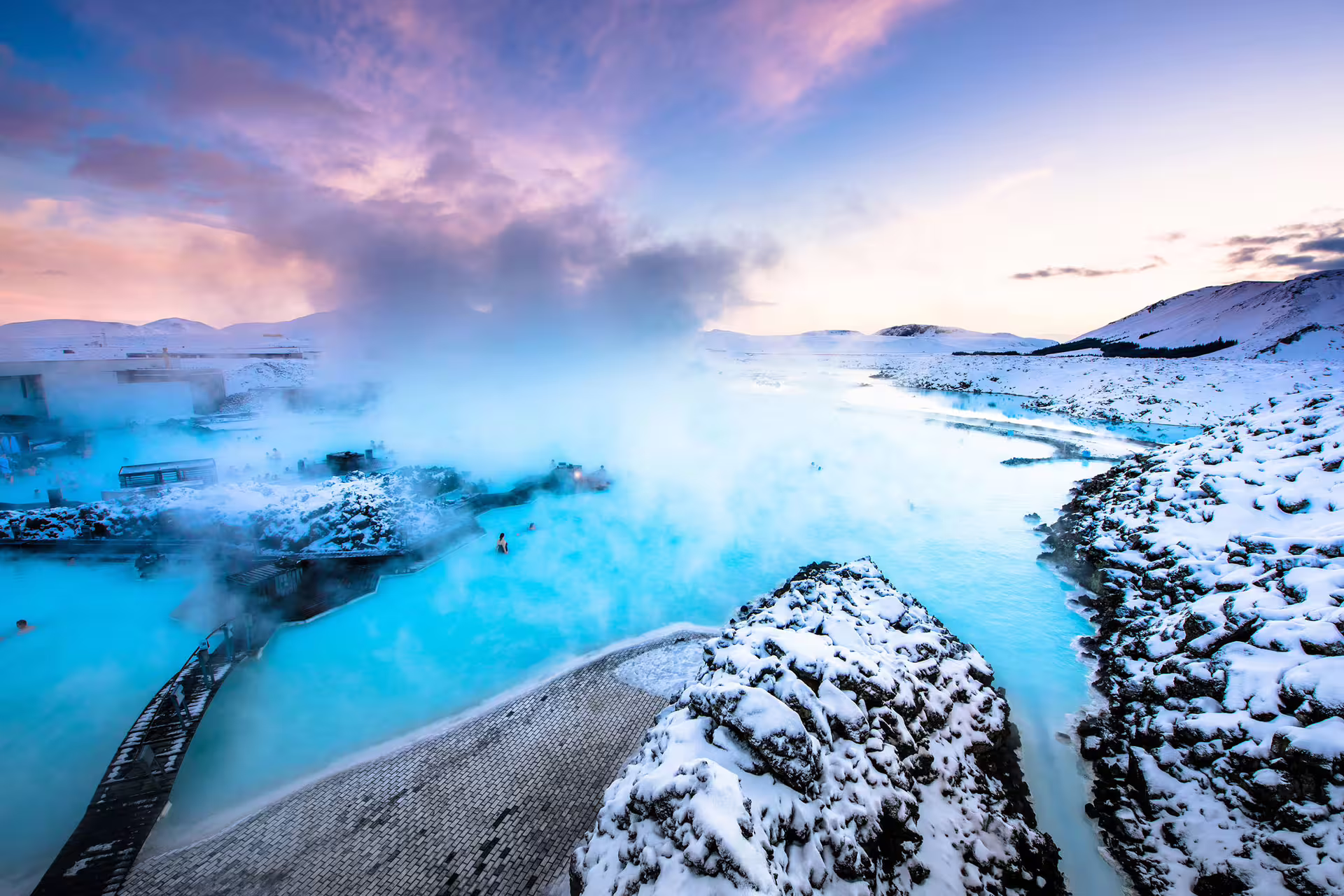 Steaming Blue Lagoon geothermal spa on Reykjanes Peninsula private tour from Reykjavik in winter Iceland