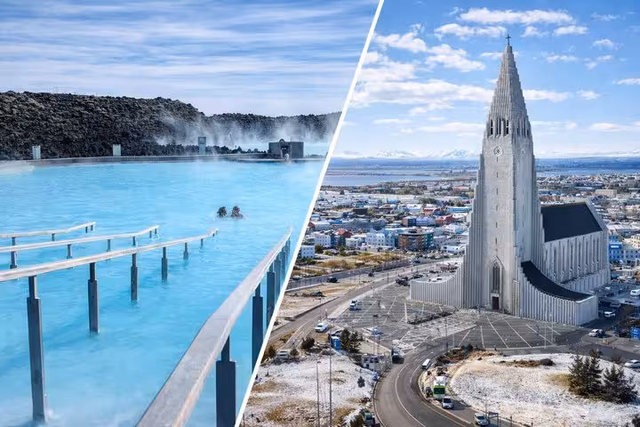 Blue Lagoon geothermal pool and Hallgrímskirkja church aerial view in Reykjavik, Iceland