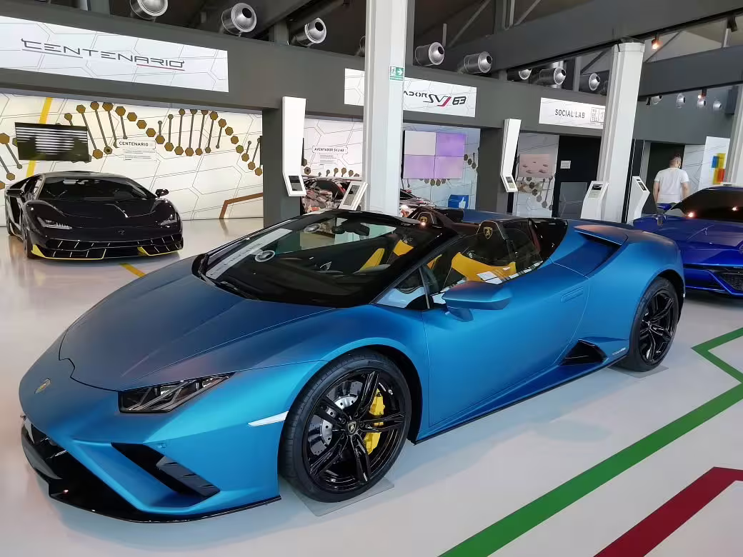 Blue Lamborghini supercar on display inside the Lamborghini Museum near Bologna, Italy, entry ticket tour