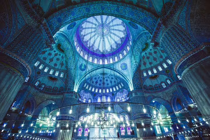 Breathtaking interior view of the Blue Mosque's intricate domes and vibrant tiles on an Istanbul guided tour.