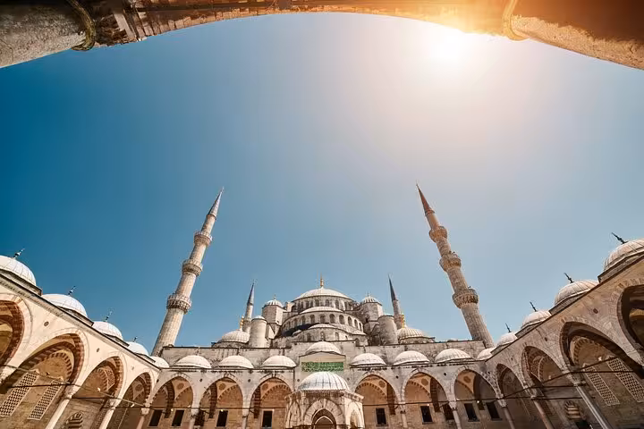 Blue Mosque courtyard view in Istanbul, iconic stop on the 8 Day Touch of Mediterranean Tour itinerary