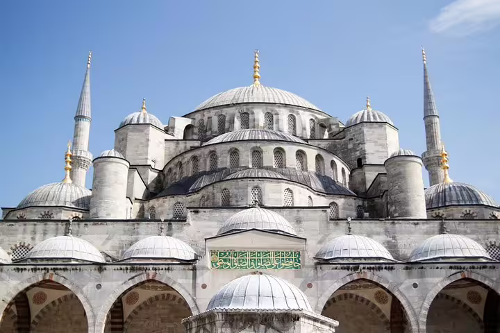 Marvel at the architectural beauty of the Blue Mosque's domes and minarets during a private full-day tour in Istanbul.