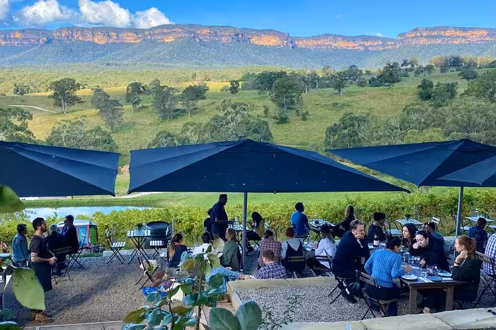Guests enjoy wine tasting under umbrellas with stunning views of the Blue Mountains landscape on a private tour.
