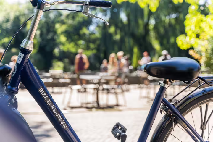 Blue rental bike in sunny Amsterdam park, perfect for exploring the city, with people relaxing in the background.