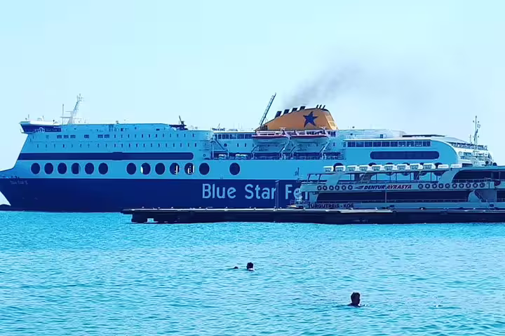 Blue Star ferry docked at Port of Piraeus, Athens city centre to Piraeus port transfer for island departures