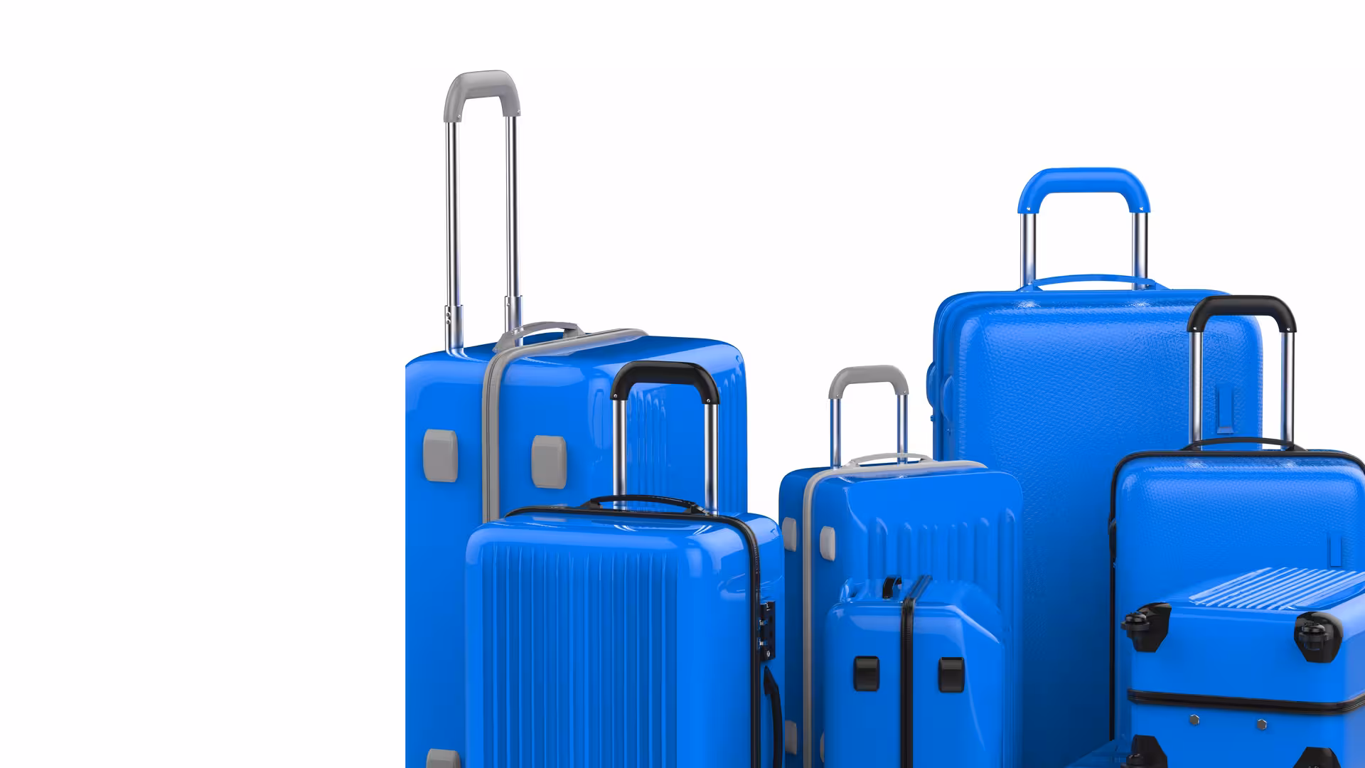 Set of blue suitcases on white background, secure London luggage storage service near Kings Cross and Euston stations
