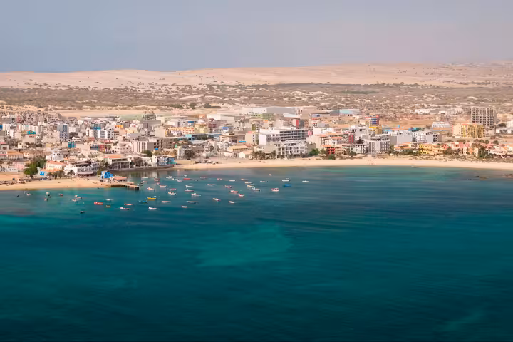 Aerial view of Sal Rei, Boa Vista coastline, ideal for airport to Spinguera private transfer in Cape Verde
