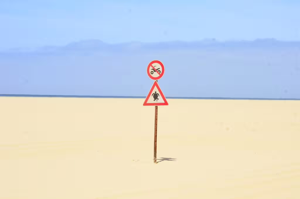 Sign indicating protected turtle nesting area on sandy beach, highlighting eco-friendly aspects of Boa Vista tours.