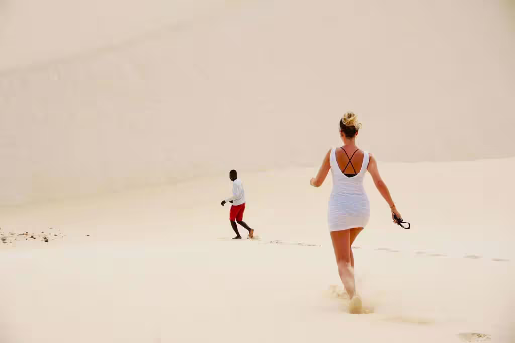 Guests trekking the Viana Desert dunes on Boa Vista full-day experience, sandscape adventure in Cape Verde