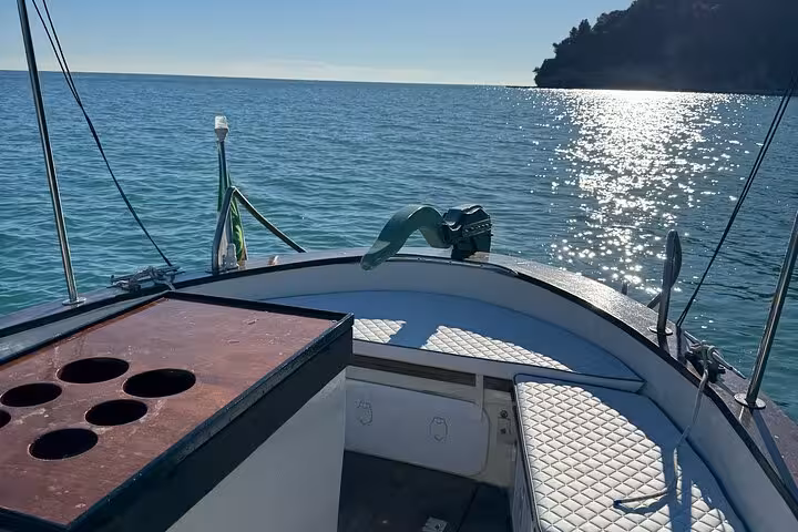 View from a boat deck on a sunny day, showcasing the sparkling waters of Cinque Terre and the horizon.