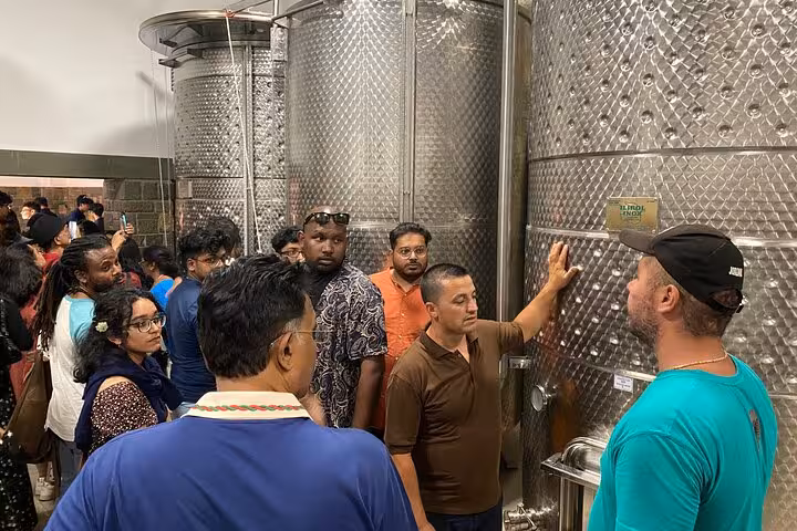 Tour group explores stainless steel wine tanks at Bogove's Splendor winery during the waterfall adventure tour.