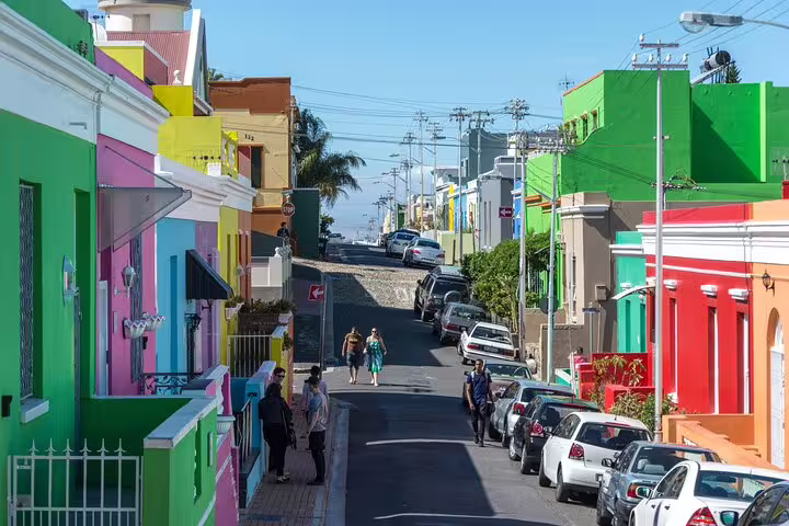 Vibrant, colorful houses line the streets of Bo-Kaap, a cultural highlight near Table Mountain National Park.