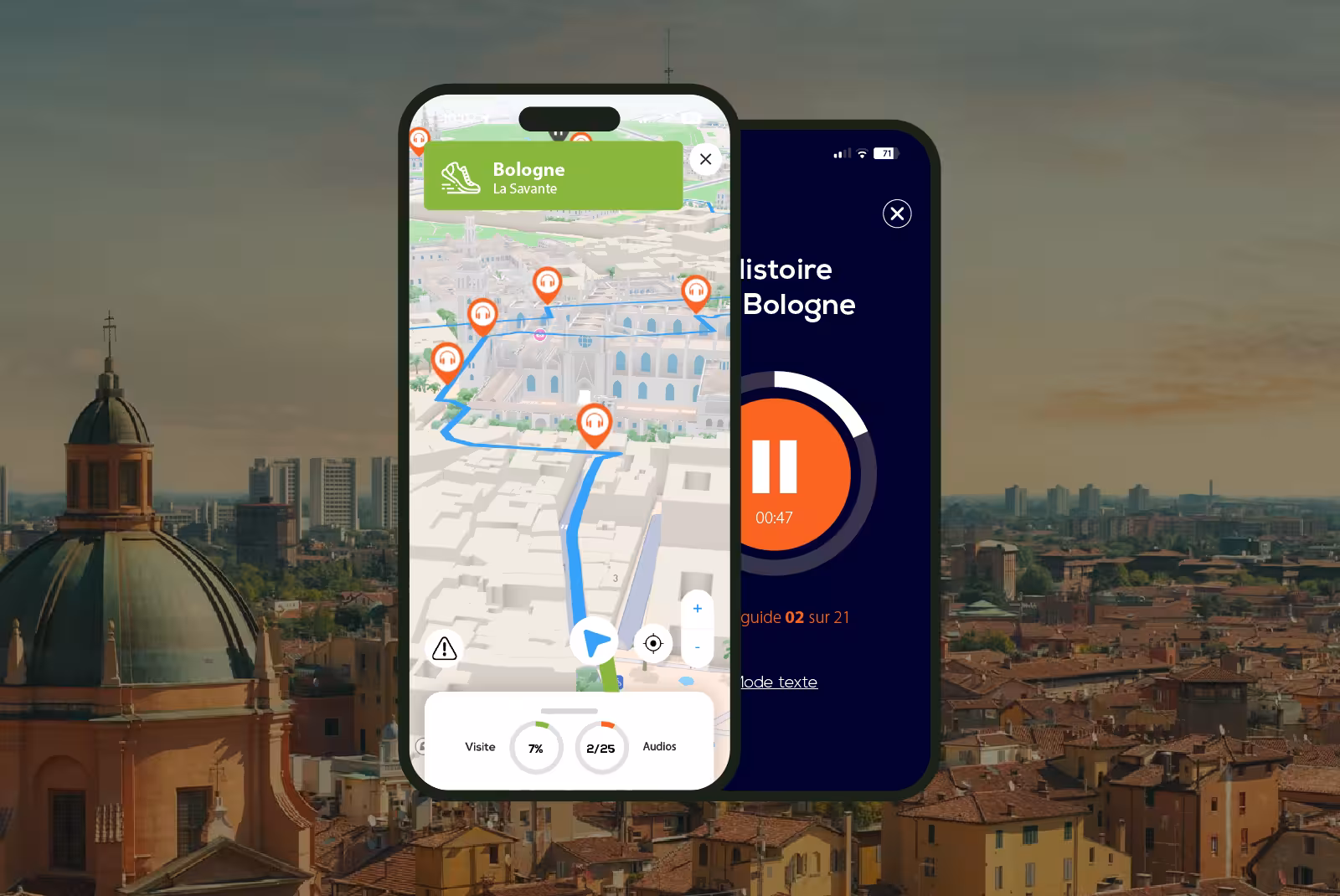 Bologna audioguide mobile application interface on smartphone with red tile roofs in the background.