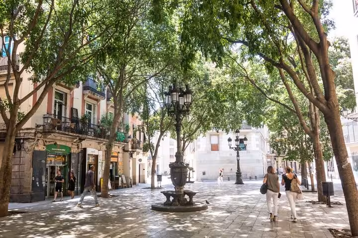 Shaded Barcelona plaza near local markets, a stop on the Boqueria food tour with tastings and culture