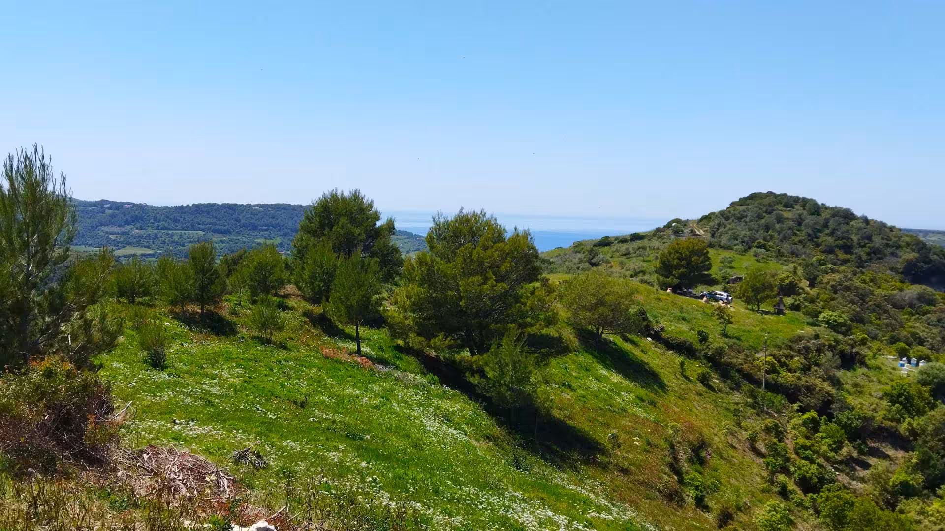 Scenic view of lush green hills and distant sea in Bosa, ideal for exploring beehive products and nature tours.
