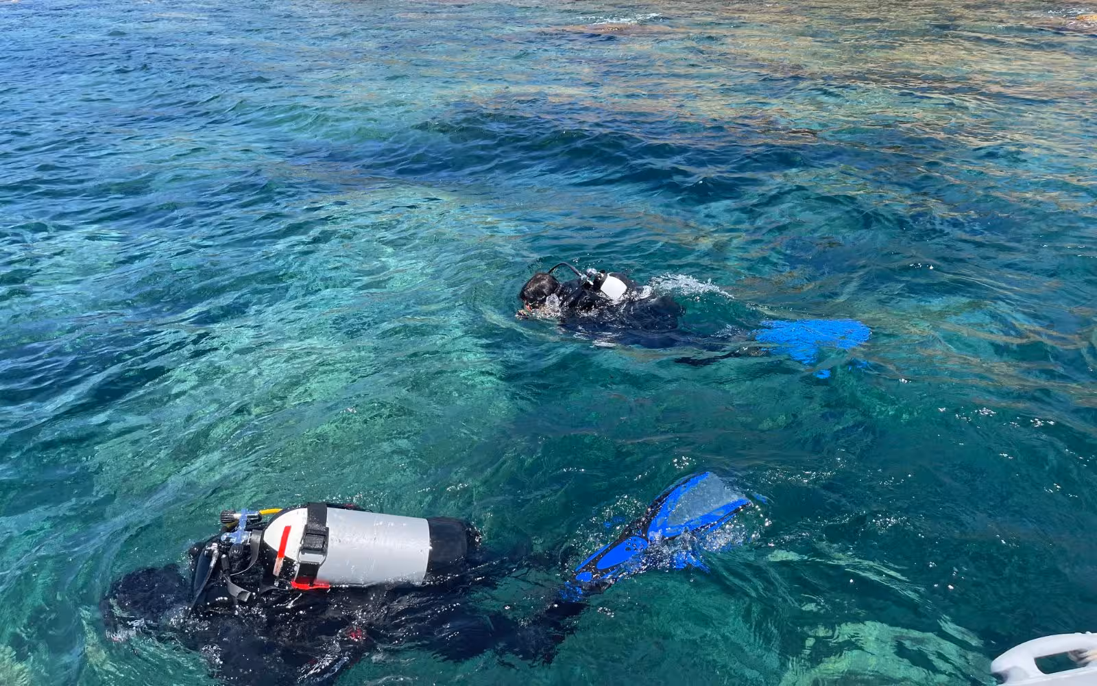 Two divers explore the crystal-clear waters of Bosa during a diving baptism experience.