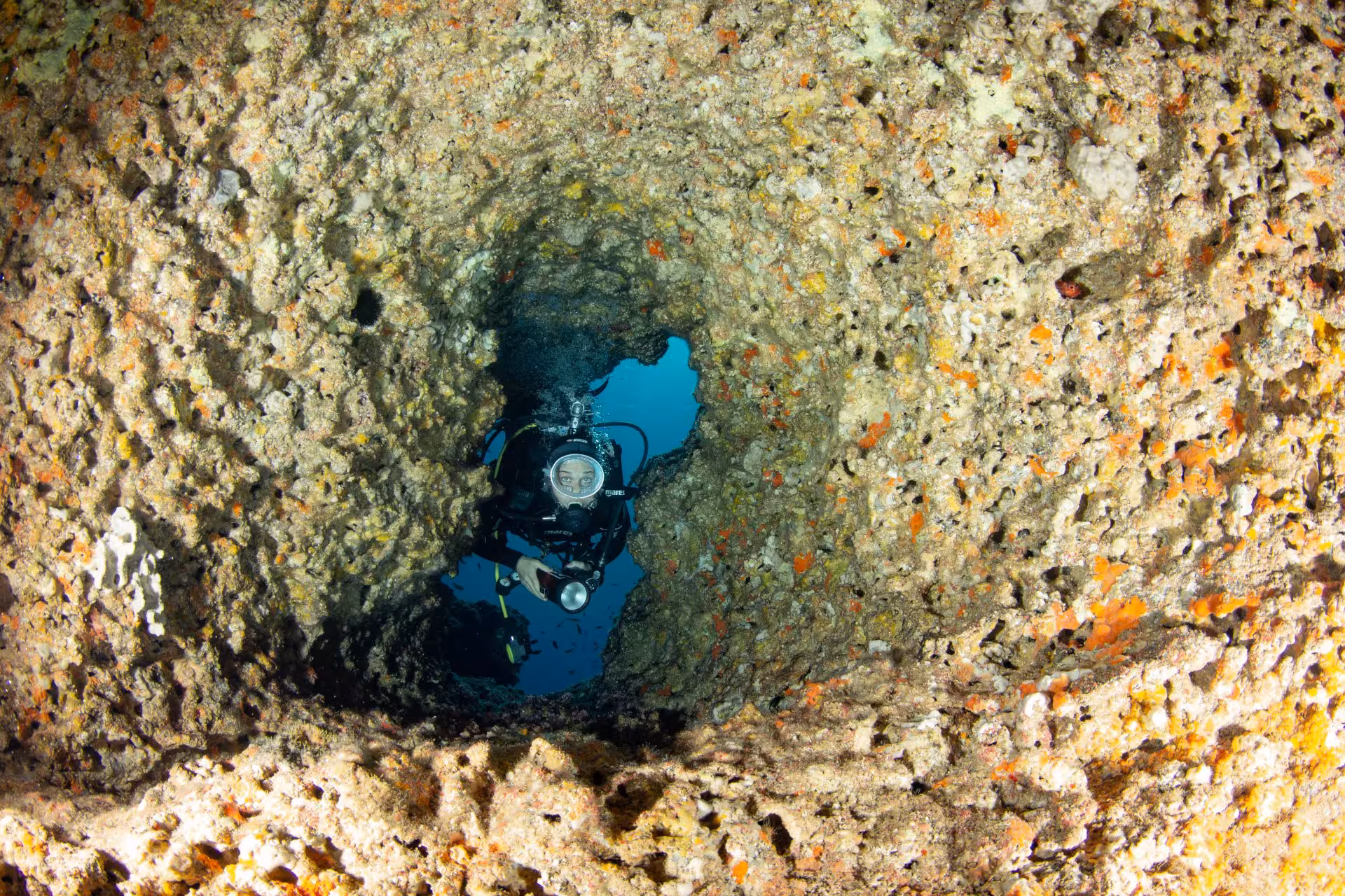 Diver exploring underwater cave formations during Bosa diving baptism experience, capturing adventure and marine life.