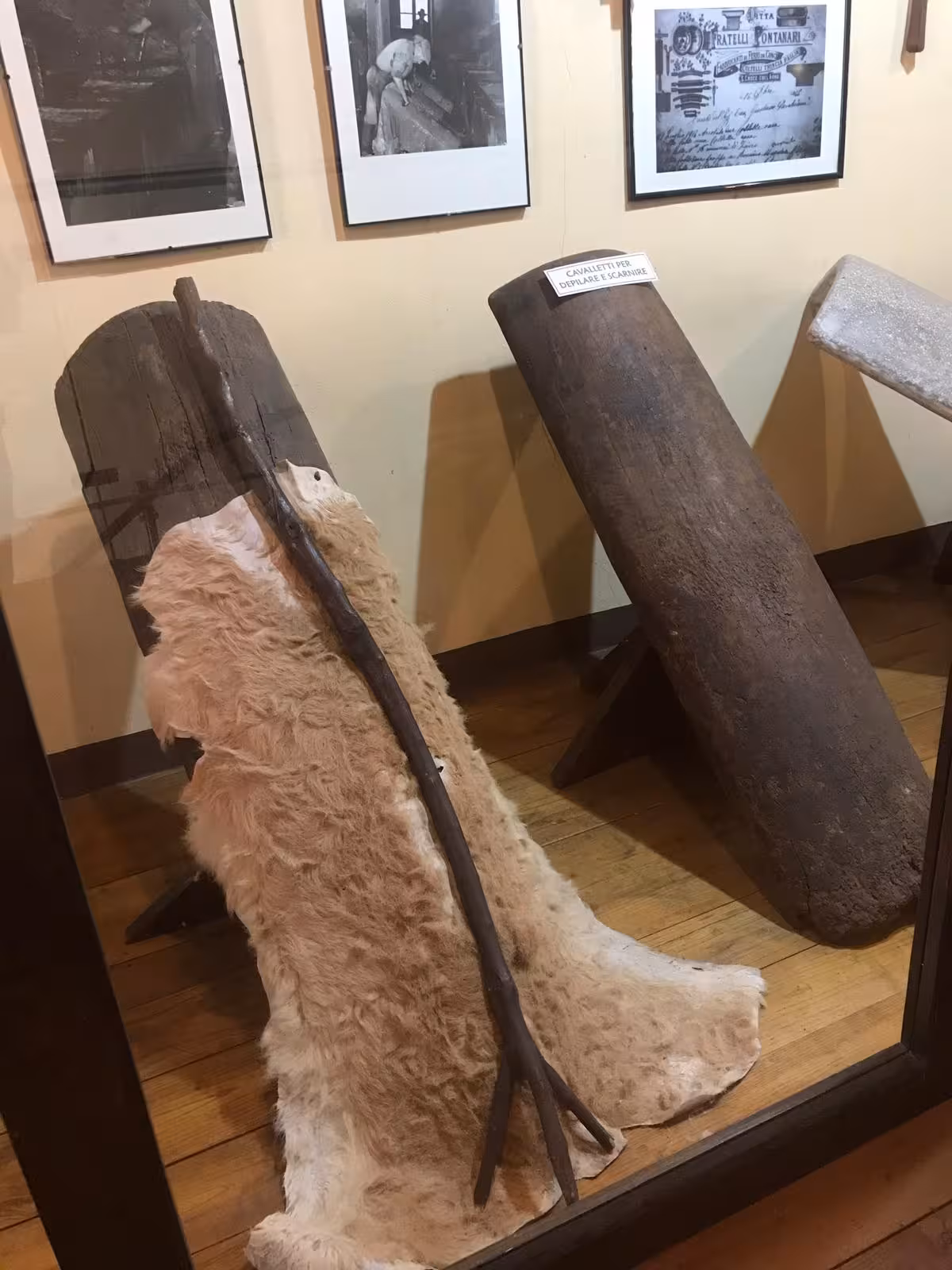 Exhibit of wooden tools and animal hide at Bosa Tannery Museum, illustrating traditional leather crafting methods.