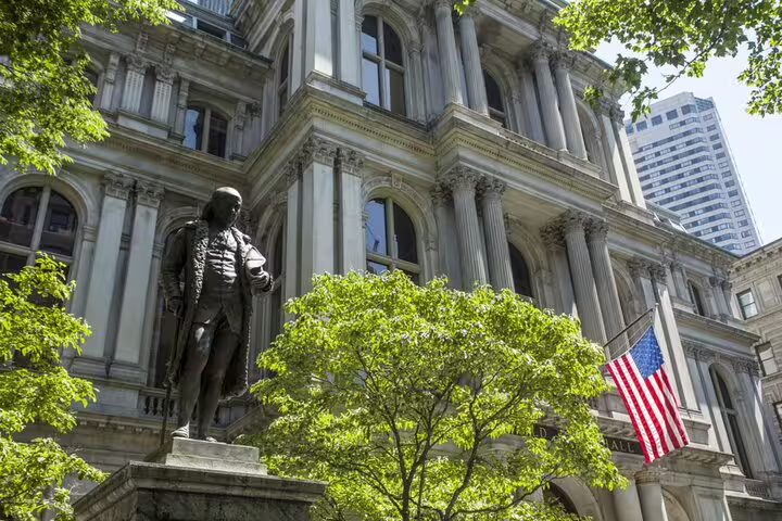 Benjamin Franklin statue outside Boston Old City Hall on the Freedom Trail