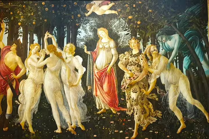 Close-up of Botticelli’s Primavera painting in the Uffizi Gallery, a highlight of the Florence art visit from Livorno cruise port