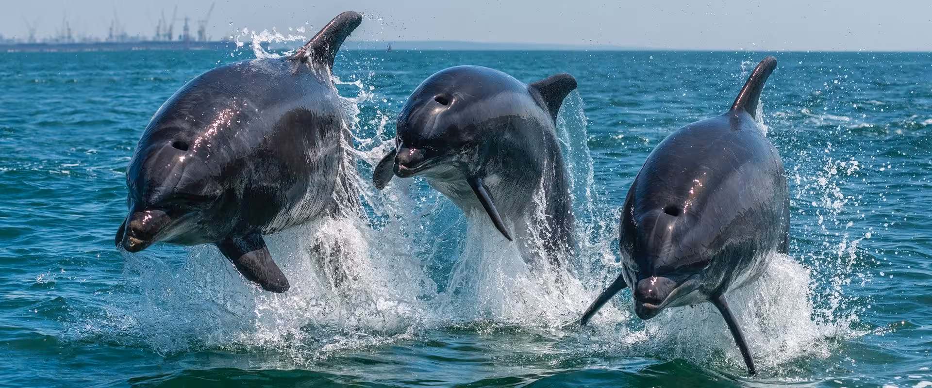 Three bottlenose dolphins leaping from the turquoise waters of Setúbal Bay on a guided dolphin watching boat tour