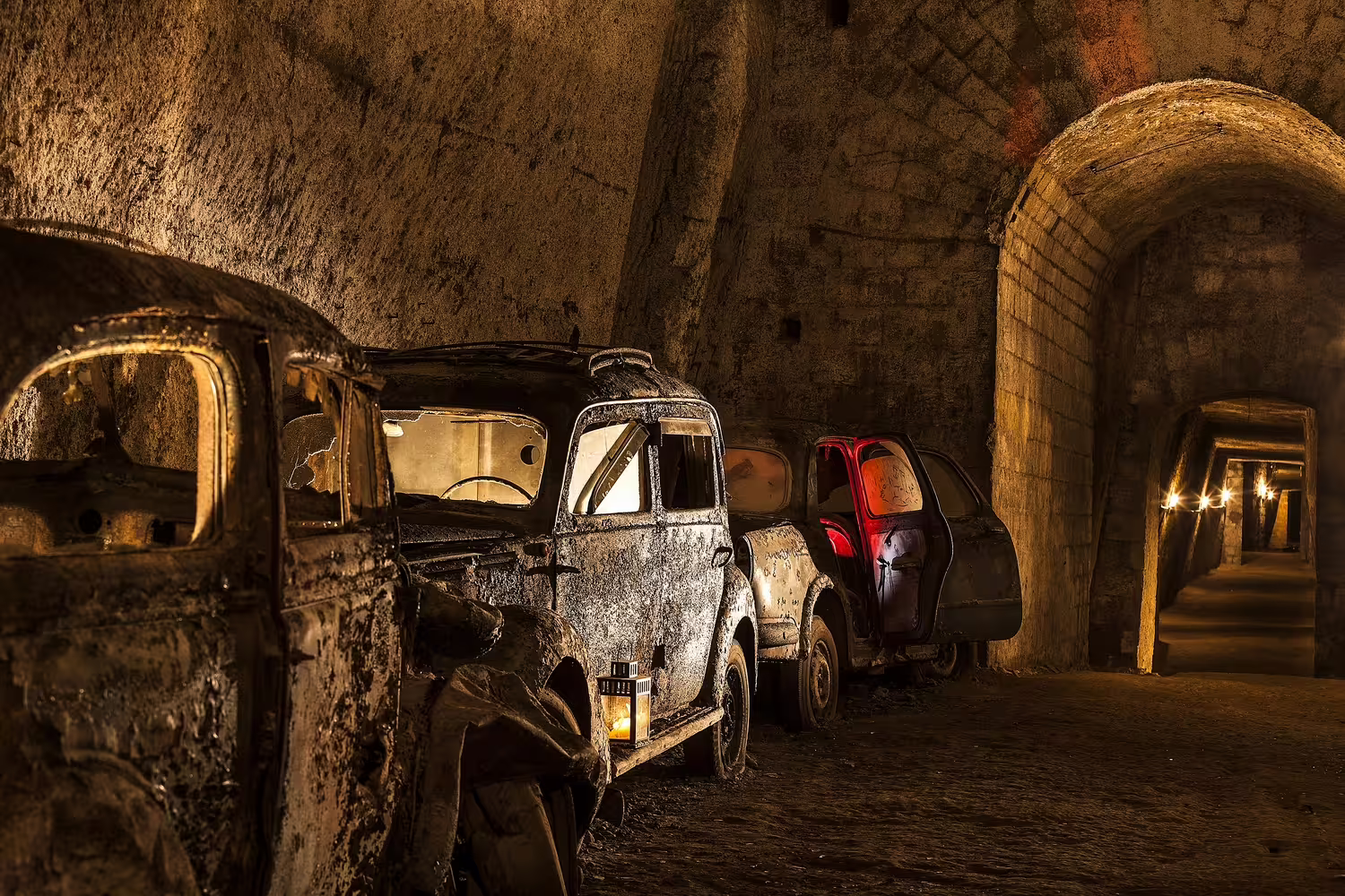 Rusting vintage cars lined up in the dimly lit Bourbon Gallery tunnel on a history-focused underground tour in Naples