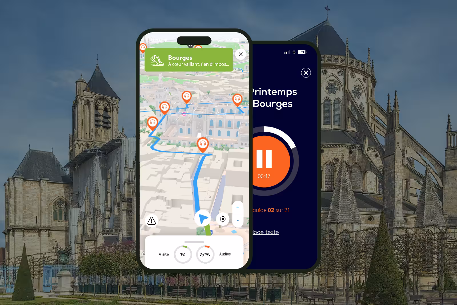 Bourges audioguide mobile application interface on smartphone with the cathedral in the background.